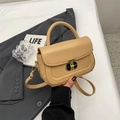 Beige leather square handbag with golden T-buckle closure and matching long strap - Khaki