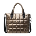 Golden quilted metallic bucket bag with checkered pattern and black handles for fashion women - Gold