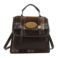 Chic brown plaid plush backpack for women with vintage leather trim and gold buckle - Brown