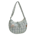 Borsa hobo in tela verde chiaro con motivo a griglia blu e ciondolo smiley in peluche - Verde