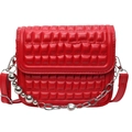Quilted red square crossbody bag with metallic bead chain and silver hardware - Red