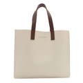 Bolso tote beige minimalista con asas de color marrón oscuro y letras doradas - Blanco