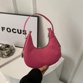 Pink crescent underarm bag with embossed texture and metal zipper for women - Rose Red