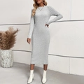 Vestido midi de punto acanalado gris con manga larga y corte ajustado para mujer - S / Gris