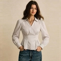 Chemise croisée à manches longues pour femmes avec rayures grises et boutons taille - S / Rayé