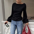 Women's black boat neck shirt with flared long sleeves and slim fit knit texture - S / Black