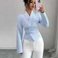 Chic blue and white striped wrap shirt with tie-waist design and white high-waist pants - XL / Blue Stripe