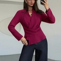 French style fuchsia long sleeve wrap shirt with slim fit waist and v-neck design - S / Burgundy