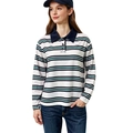 Polo femme vintage à rayures avec manches longues et col marin à boutons - S / Rayé