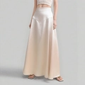 Elegant champagne satin maxi skirt with high waist V-cut design and flowing A-line fit - S / Apricot