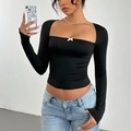 Slim fit black square neck long sleeve top with lace trim and white bow detail - S / Black (EU Size)