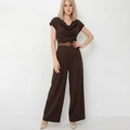 Elegant dark brown satin cowl neck jumpsuit with belted wide-leg trousers and gold buckle - S / Set / Coffee