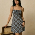 Slim fit plaid mini dress with blue and brown checkered pattern and bow detail - S / Blue Brown Plaid