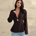Slim fit dark brown blazer for women with a unique gold button and cinched waist design - S / Brown