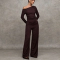 Women's dark brown two-piece set featuring off-shoulder long sleeve top and wide-leg pants - S / Brown