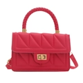 Rose pink quilted square bag with woven handle and gold twist lock closure on white background - Rose Pink