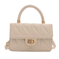 Beige square crossbody bag with quilted triangle texture and woven top handle - White