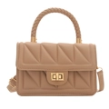 Elegant beige quilted crossbody bag with a woven handle and gold metal twist lock - Khaki