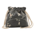 Dunkelgraue Beuteltasche mit Kordelzug und eleganten Blumenstickereien aus Baumwoll-Leinen - Schwarz