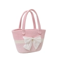 Pink and white striped woven tote bag with a white satin bow decoration - Pink Bowknot