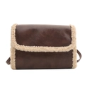 Chic retro brown leather hobo bag with white faux shearling trim for autumn winter - Brown
