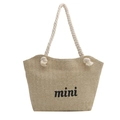 Mini gewebte Strohtasche in Naturfarbe mit schwarzer Stickerei und Baumwollseilgriffen - Khaki