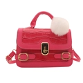 Rose red crocodile pattern crossbody handbag with golden clasp and white pompom charm - Rose Pink