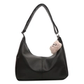 Large black faux leather hobo tote bag with a pink plush bear charm and stitch detail - Bag / Black