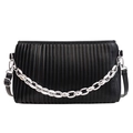 Black pleated underarm bag with silver chain and adjustable strap on white background - Black