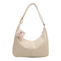 Beige PU leather half-moon shoulder bag with adjustable strap and cute plush pendant - Bag / White