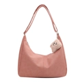 Pink minimalist hobo tote bag in premium PU leather with cute plush bear charm decoration - Bag / Pink