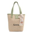 Summer woven straw tote bag with green leather handles and silk scarf detail - Green