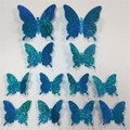 Set of 12 sparkling 3D cyan blue butterfly wall decals with laser glitter finish - Multi-size Sets / Blue Glitter
