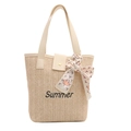 Beige straw tote bag with Summer embroidery and a decorative printed silk scarf handle - White