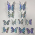 Set of 12 3D holographic butterfly wall stickers with iridescent rainbow effect for home decor - Multi-size Sets / Silver Glitter