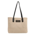 Borsa tote minimalista in paglia con manici neri e scritte alla moda per l'estate - Nero