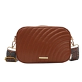 Brown quilted crossbody camera bag with wavy stitching and colorful wide woven strap - Brown