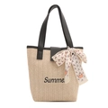 Woven straw tote bag in beige with black Summer embroidery and decorative silk scarf - Black