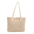 Grande borsa tote in paglia beige con manici in PU bianco crema e dettaglio in pelle - Bianco