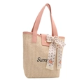 Pink leather trim straw tote bag with Summer embroidery and silk scarf detail - Pink