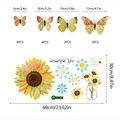Detailed size guide for 3D butterfly and sunflower wall stickers in 60x30cm layout - Sunflower Beautiful Life Quotes Set (zsz1340)
