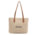 Beige woven straw tote bag with brown leather handles and black Summer embroidery - Brown