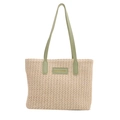 Grande borsa tote in paglia beige con manici e finiture in ecopelle verde chiaro - Verde