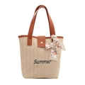 Straw tote bag with Summer embroidery, brown faux leather straps and decorative scarf - Brown