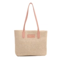 Grande borsa tote in paglia con manici in ecopelle rosa e scritta alla moda - Rosa