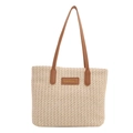 Grand sac cabas en paille beige avec anses en cuir marron et patch logo mode - Marron