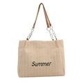 Große Stroh-Shopper-Tasche mit Summer-Stickerei und Ketten-Leder-Henkeln - Braun