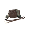 Dark coffee PU leather crossbody bag with jacquard shoulder strap and gold hardware - Brown
