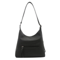 Large capacity black lychee leather hobo bag with front zipper and long fringe tassels - Black