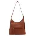 Brown lychee leather hobo bag with fringe zipper detail and large capacity for daily use - Brown